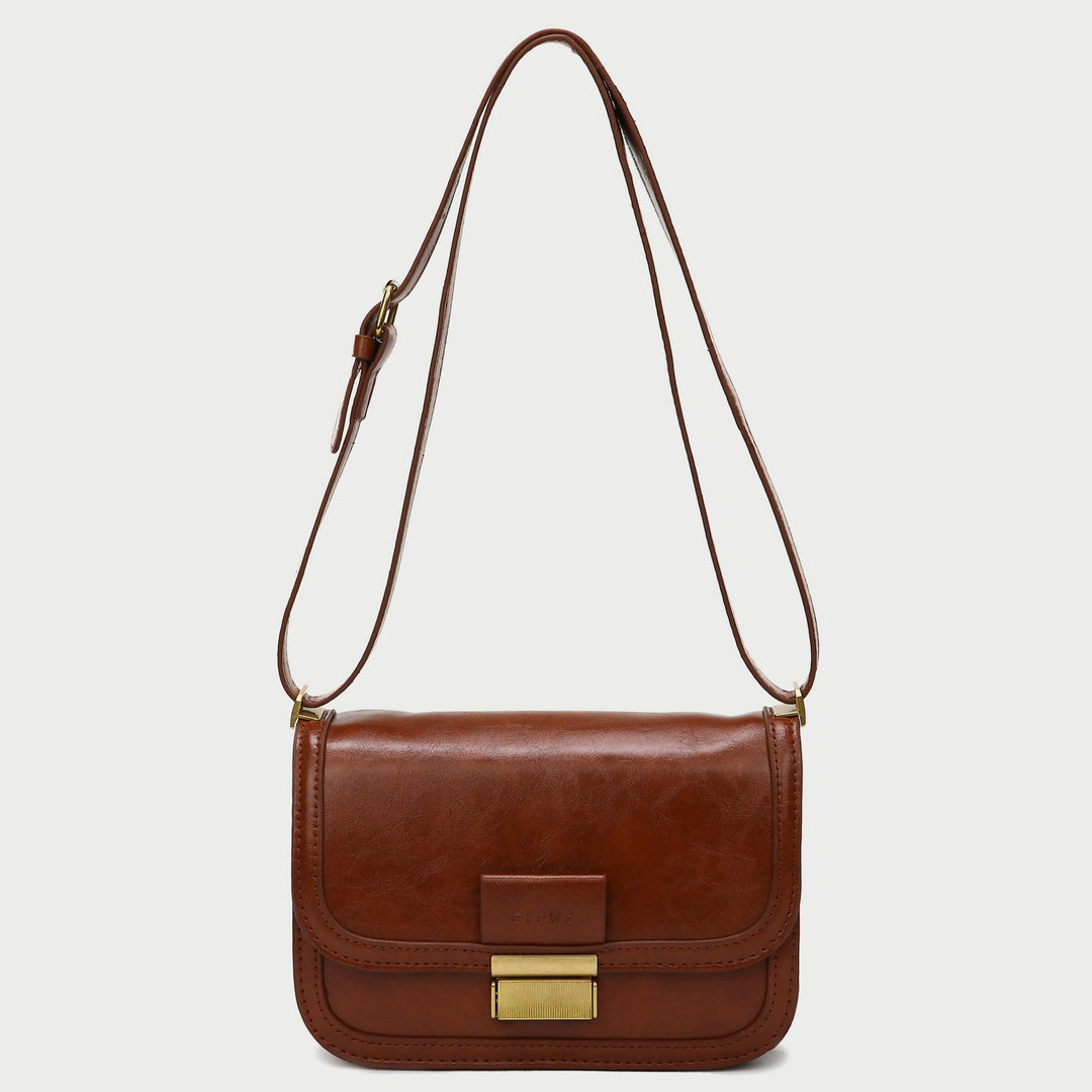 Metal clasp-lock flapover dual compartment PU leather crossbody bag