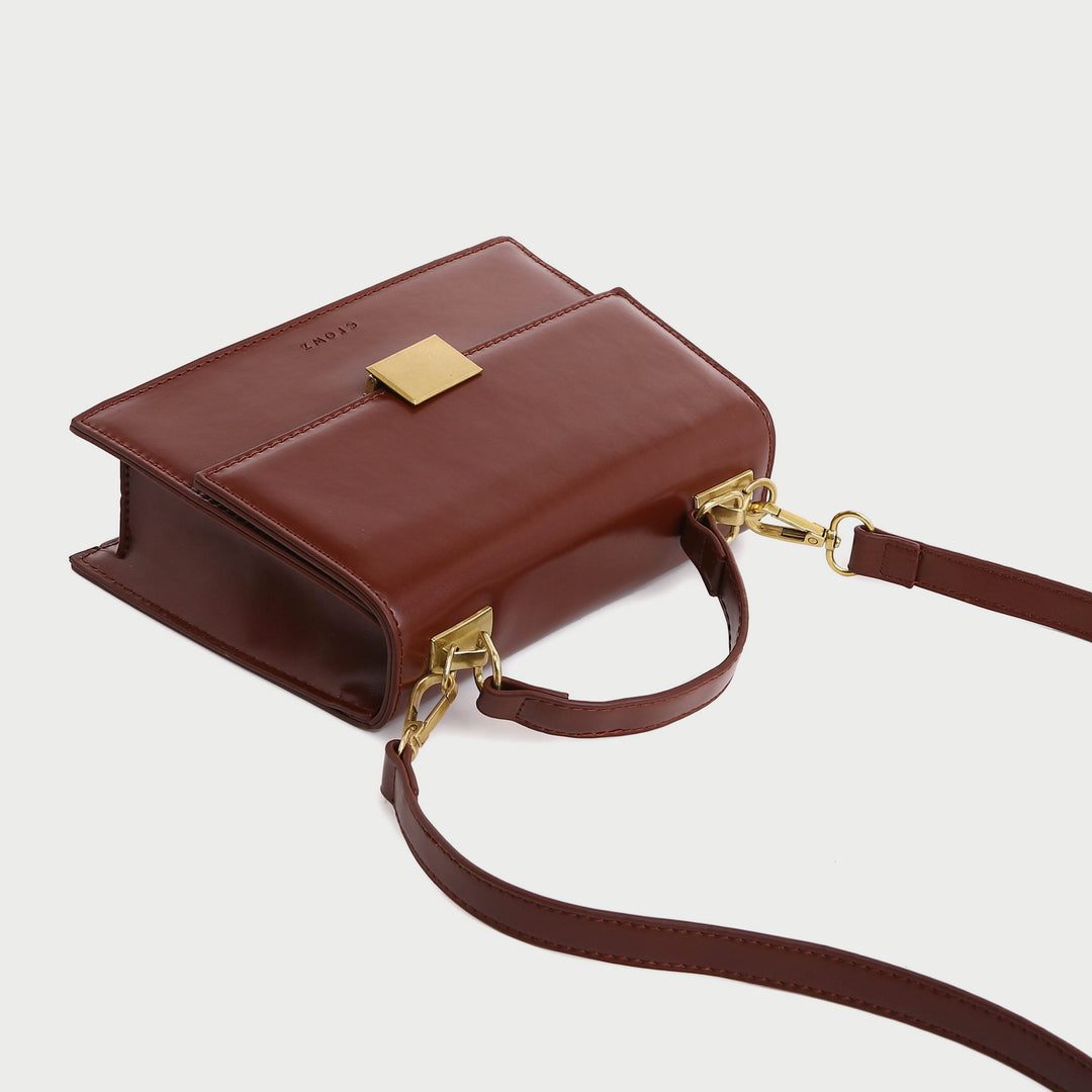 Square metal detail flapover PU leather crossbody bag