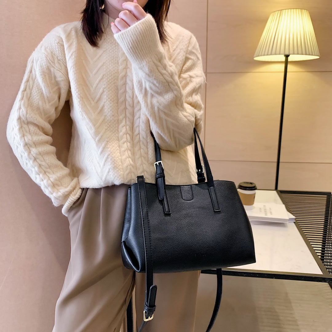 Minimal buckled handle dual compartment grained PU leather tote