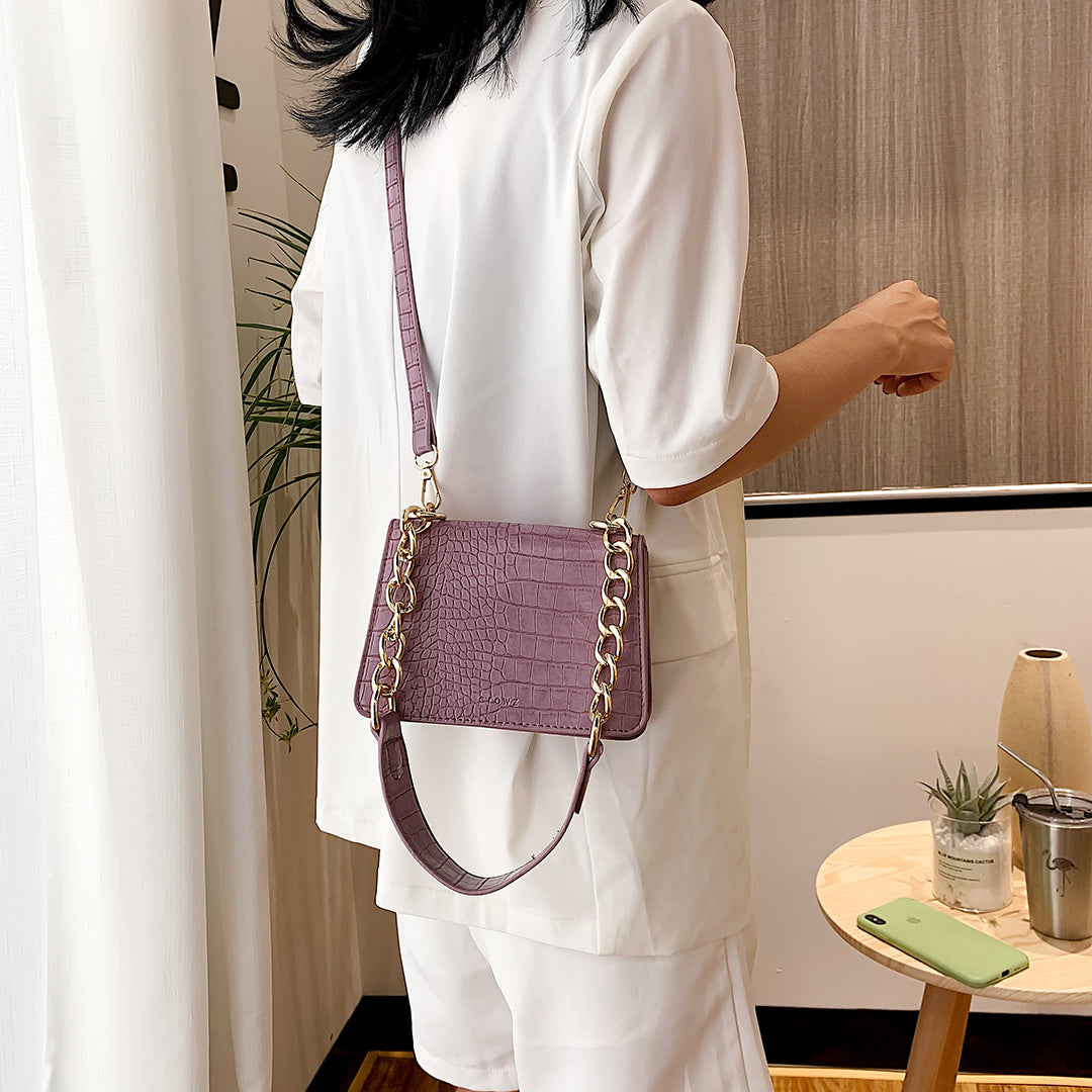 Flapover boxy croc-embossed PU leather crossbody bag