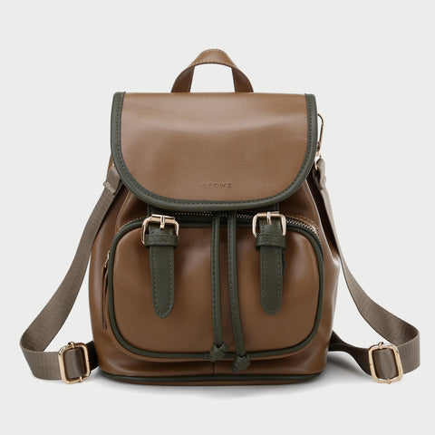 Retro buckle strap flap contrast piping PU leather backpack