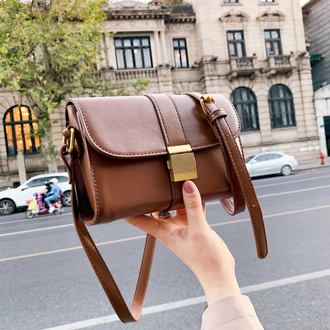 Metal pushlock strap style flapover PU leather crossbody bag