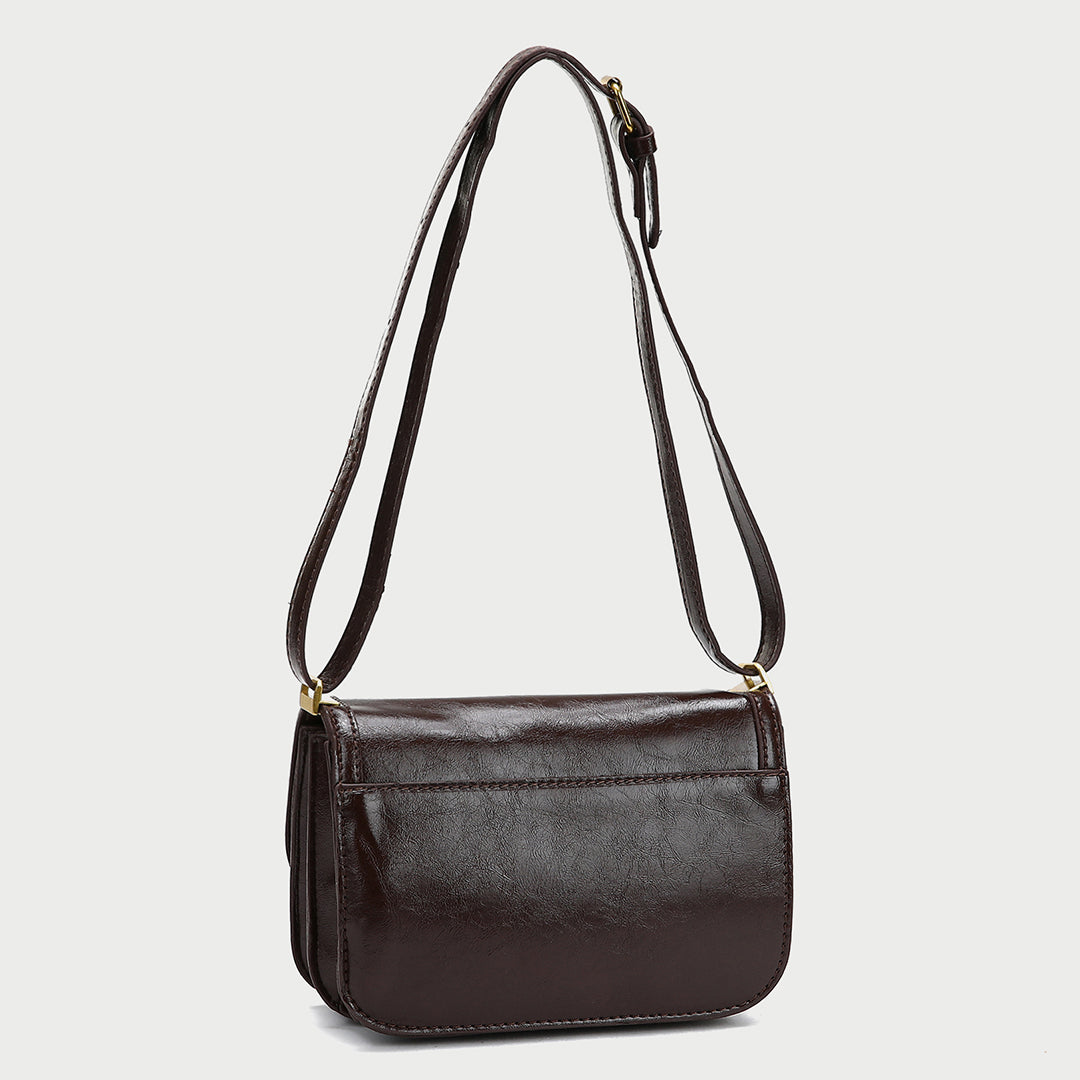 Metal clasp-lock flapover dual compartment PU leather crossbody bag