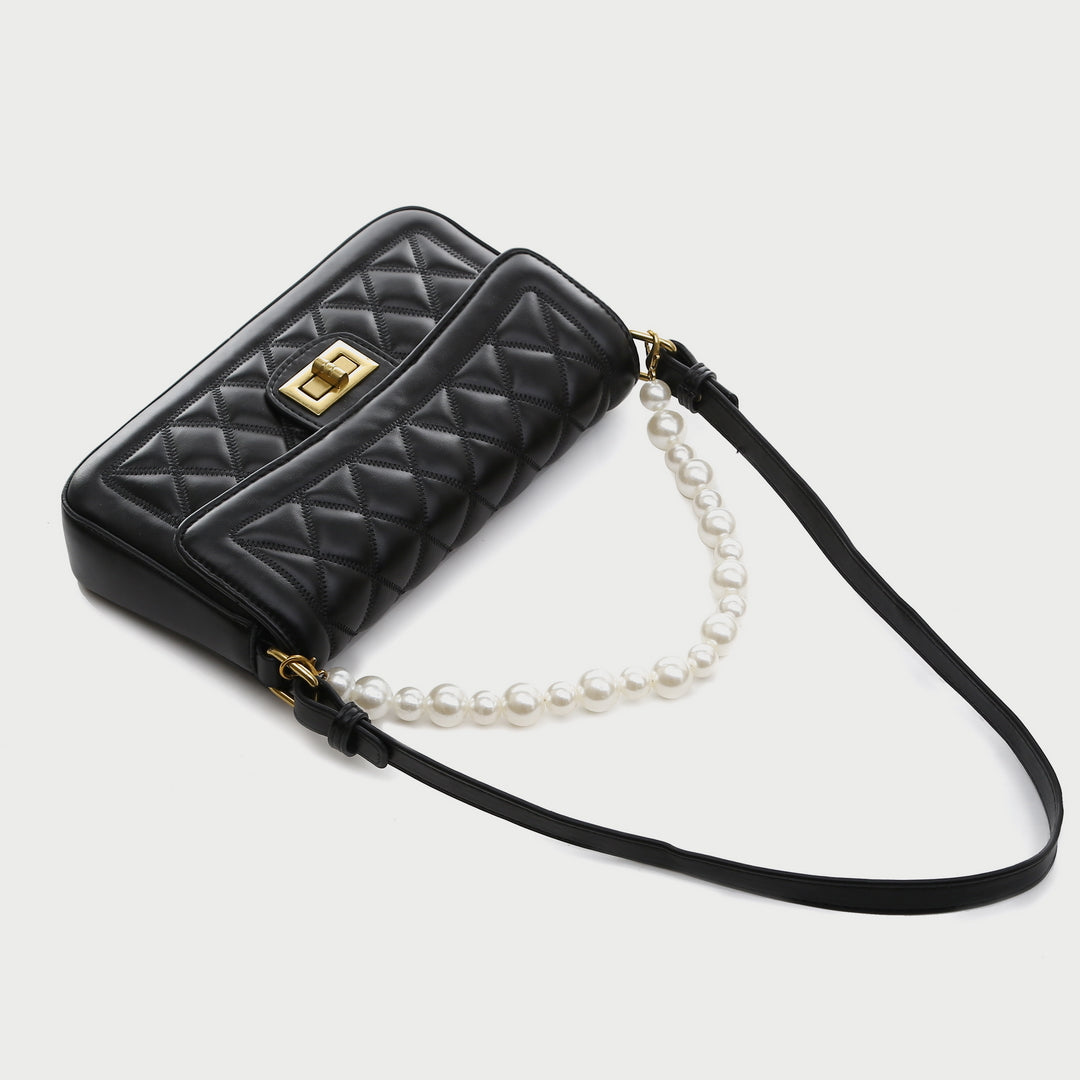 Faux pearl handle turn-lock quilted PU leather shoulder bag