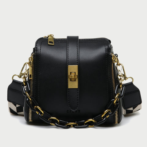 Chain handle patterned strap two-compartment PU leather crossbody bag