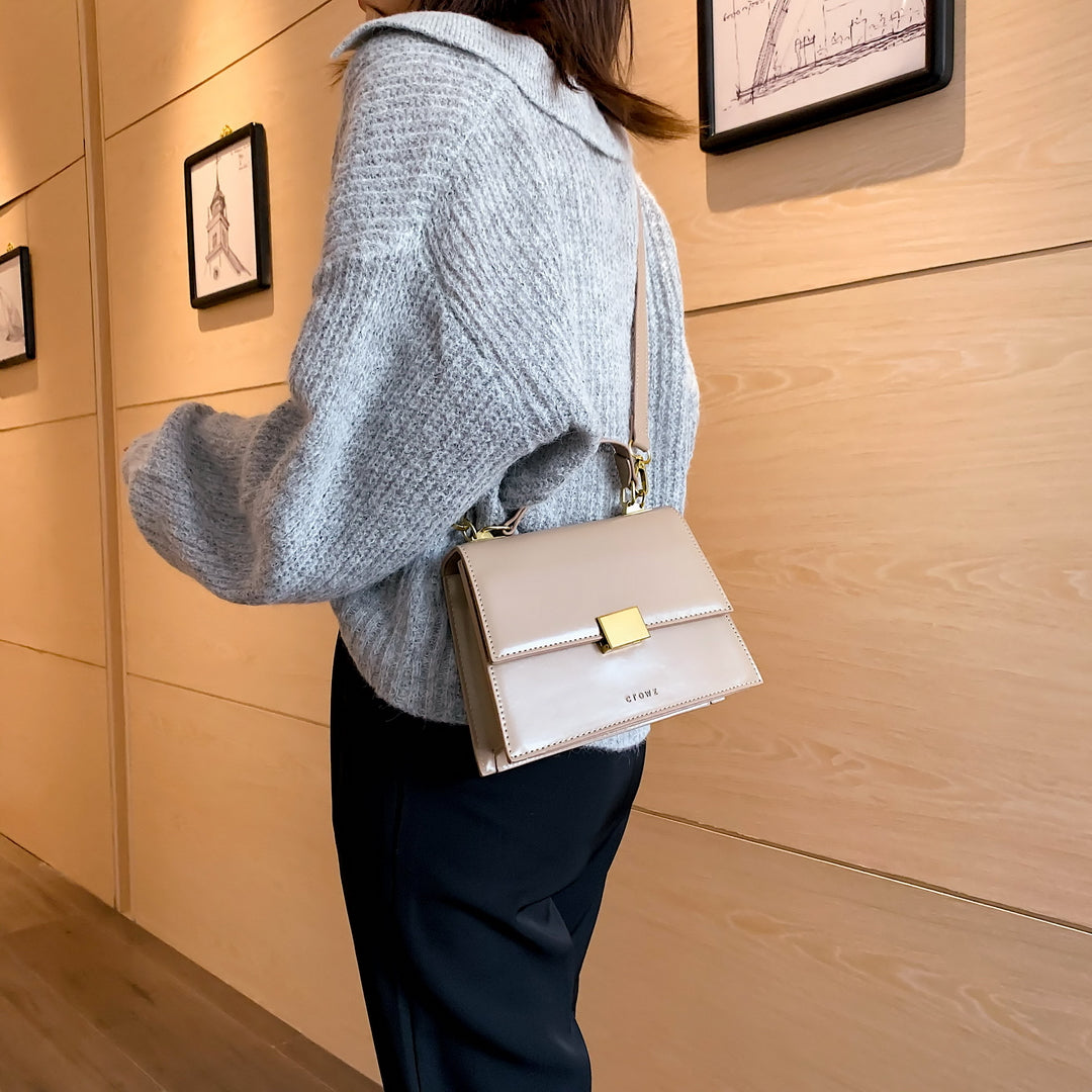 Square metal detail flapover PU leather crossbody bag