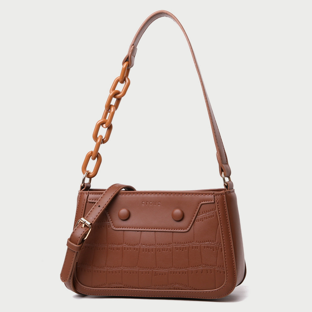 Croc-effect panel chained handle PU leather shoulder bag