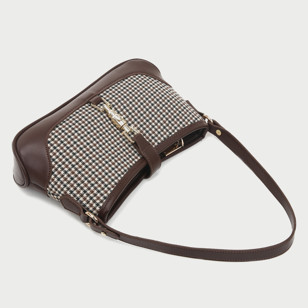 Strapped houndstooth canvas PU leather baguette bag