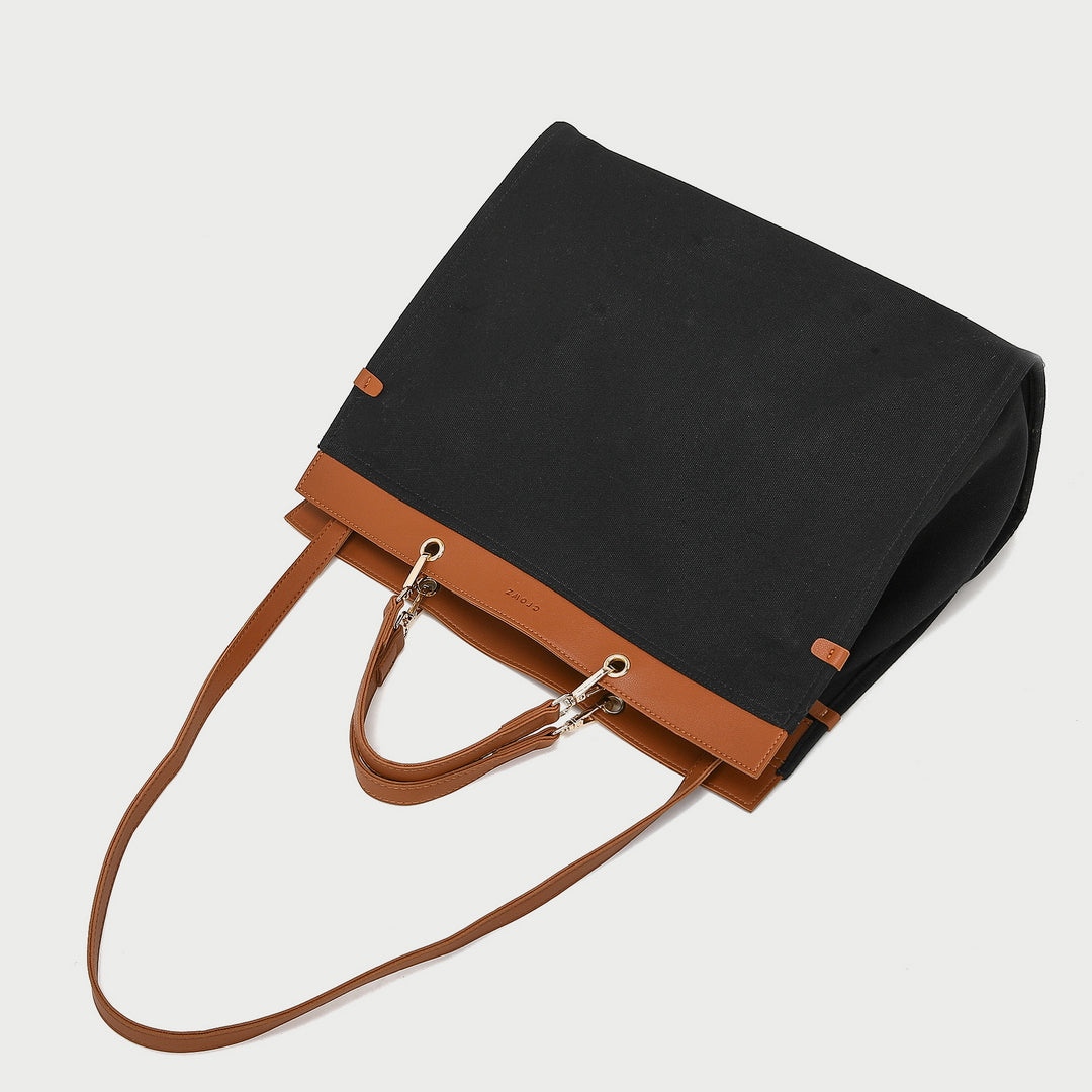 PU leather trim optional-handle roomy canvas tote bag