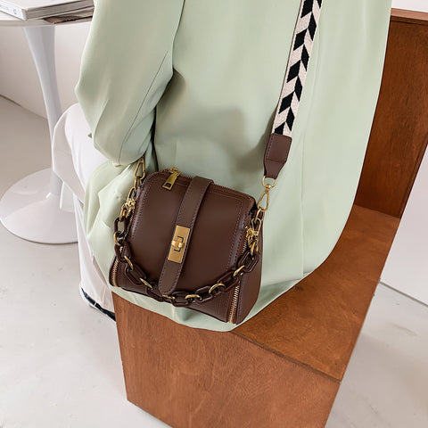 Chain handle patterned strap two-compartment PU leather crossbody bag