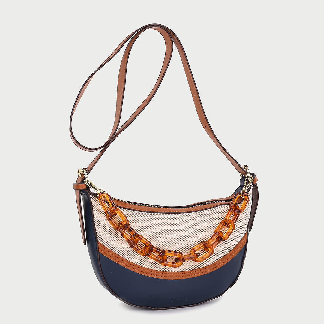 Agate-effect chain handle colourblock canvas PU leather crossbody bag