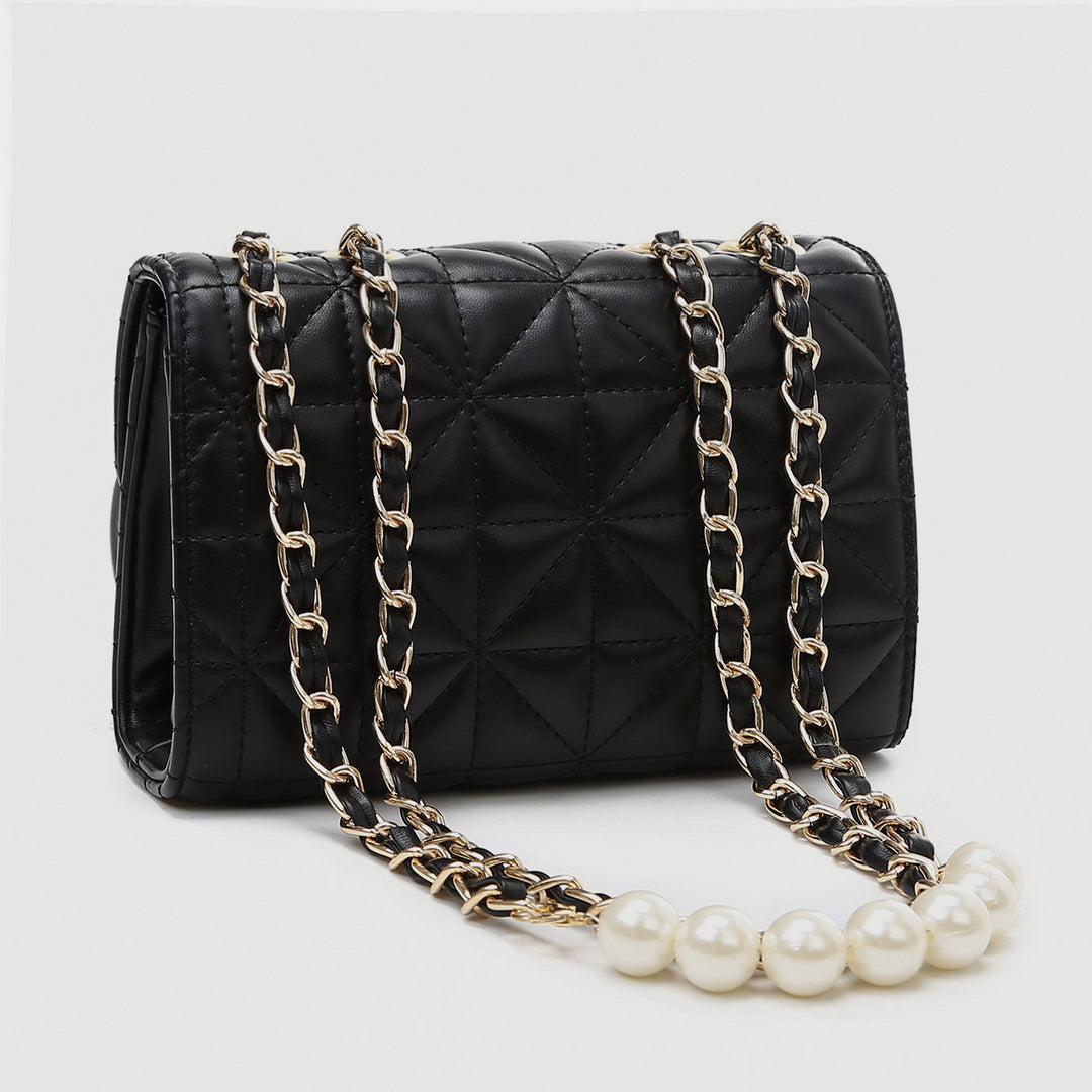Faux pearl embellished strap turn-lock flap quilted  PU leather crossbody bag
