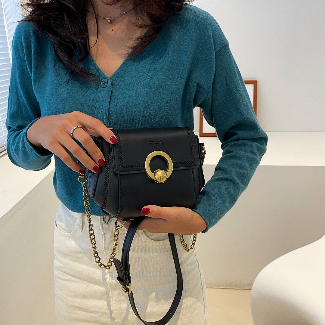 Elegant metal ring detail flap PU leather crossbody bag