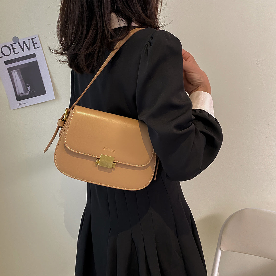 Metal square press lock minimalist saddle style PU leather shoulder bag