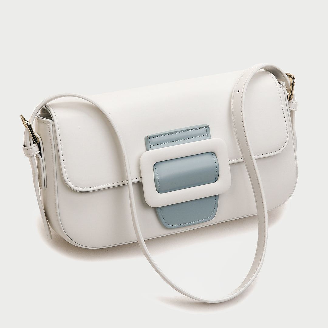 Classic buckle-strap flapover smooth PU leather shoulder bag