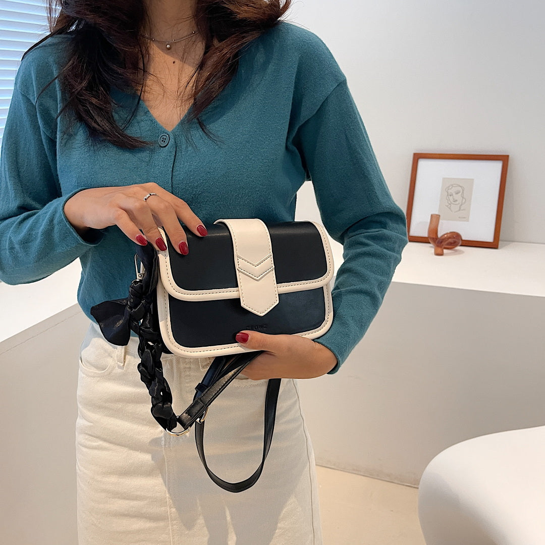 Colourblock arrow strap scarf bow PU leather crossbody bag