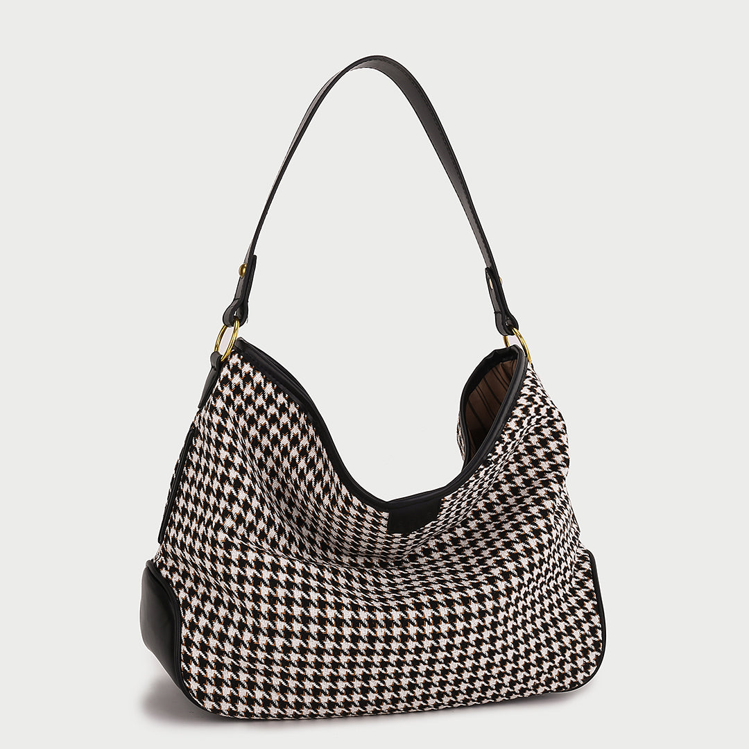 Houndstooth print PU leather trim shoulder bag (with an extra strap)