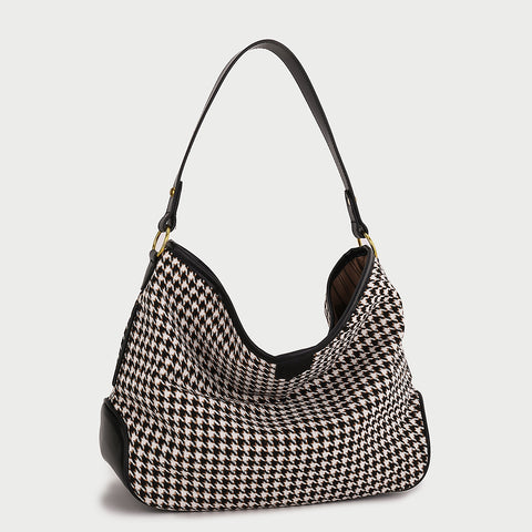 Houndstooth print PU leather trim shoulder bag (with an extra strap)