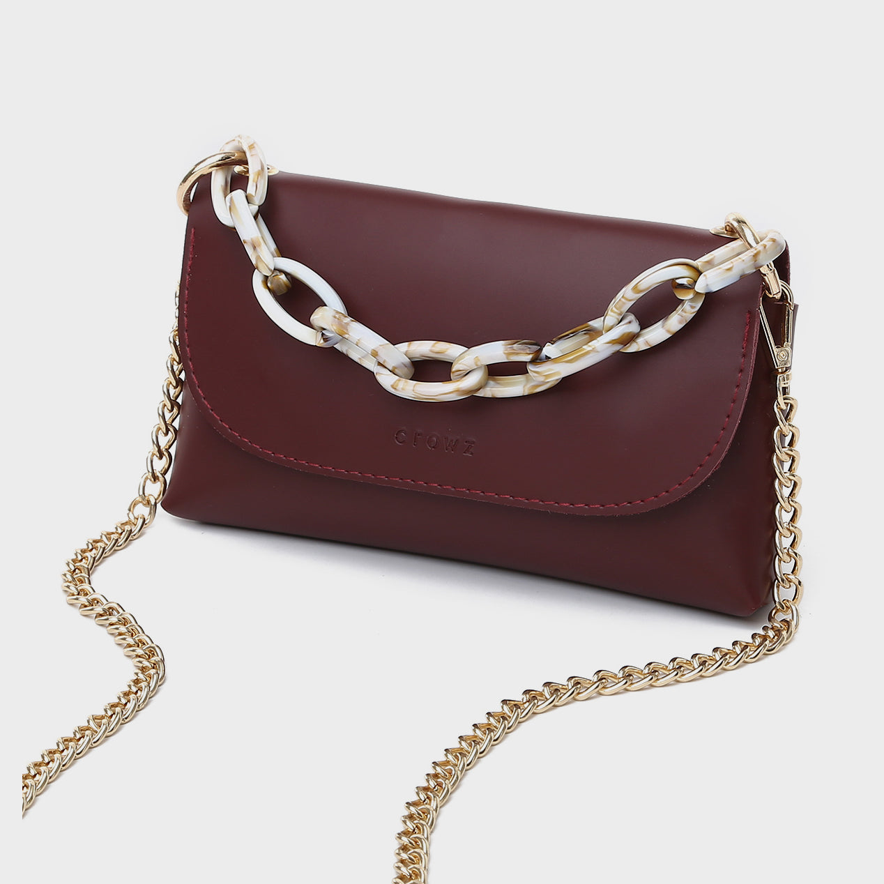 Chain handle flapover slim PU leather crossbody bag