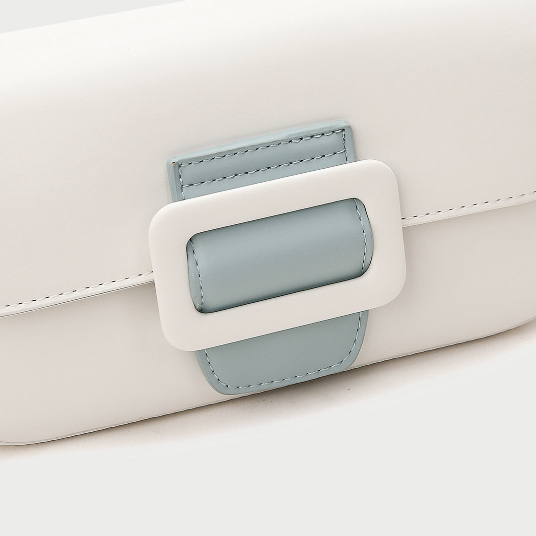 Classic buckle-strap flapover smooth PU leather shoulder bag