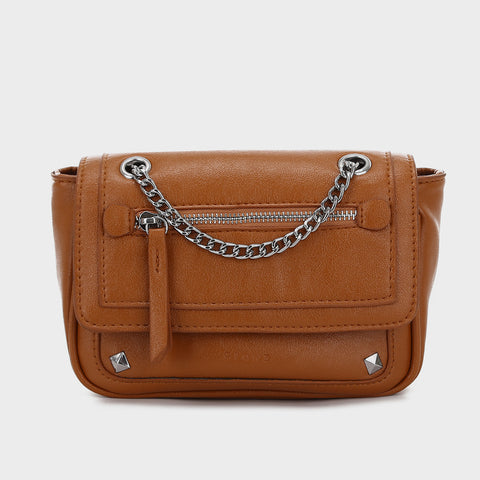 Zipped front flap studded PU leather crossbody bag