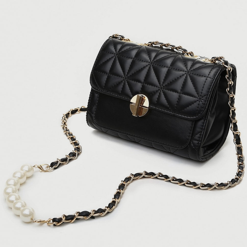 Faux pearl embellished strap turn-lock flap quilted  PU leather crossbody bag