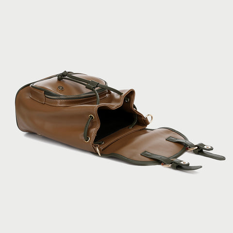 Retro buckle strap flap contrast piping PU leather backpack