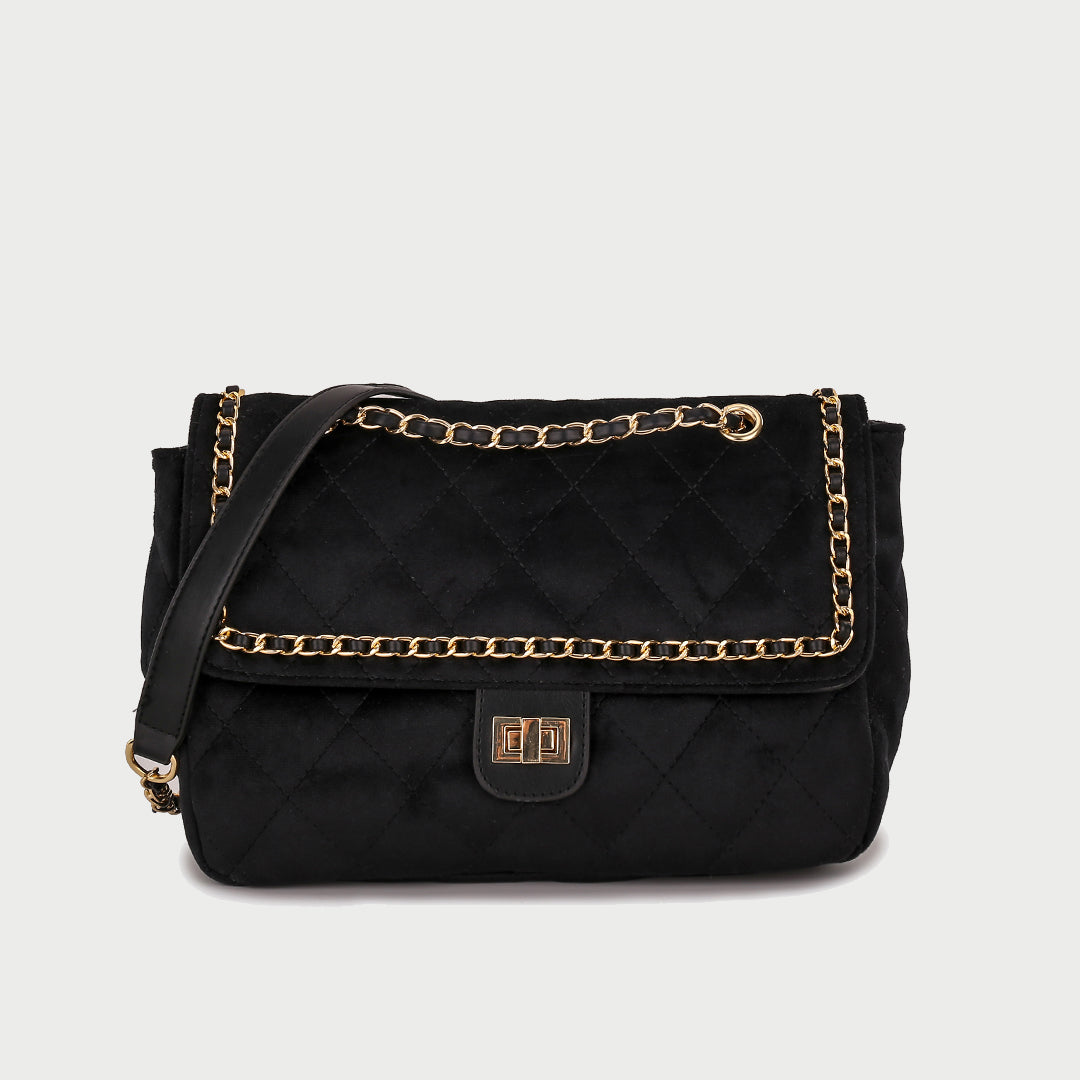 Metal chain border flap turn-lock quilted velvet crossbody bag