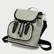 Retro buckle strap flap contrast piping PU leather backpack