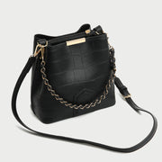 Woven chain handle croc-effect PU leather bucket bag
