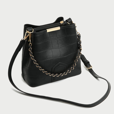 Woven chain handle croc-effect PU leather bucket bag