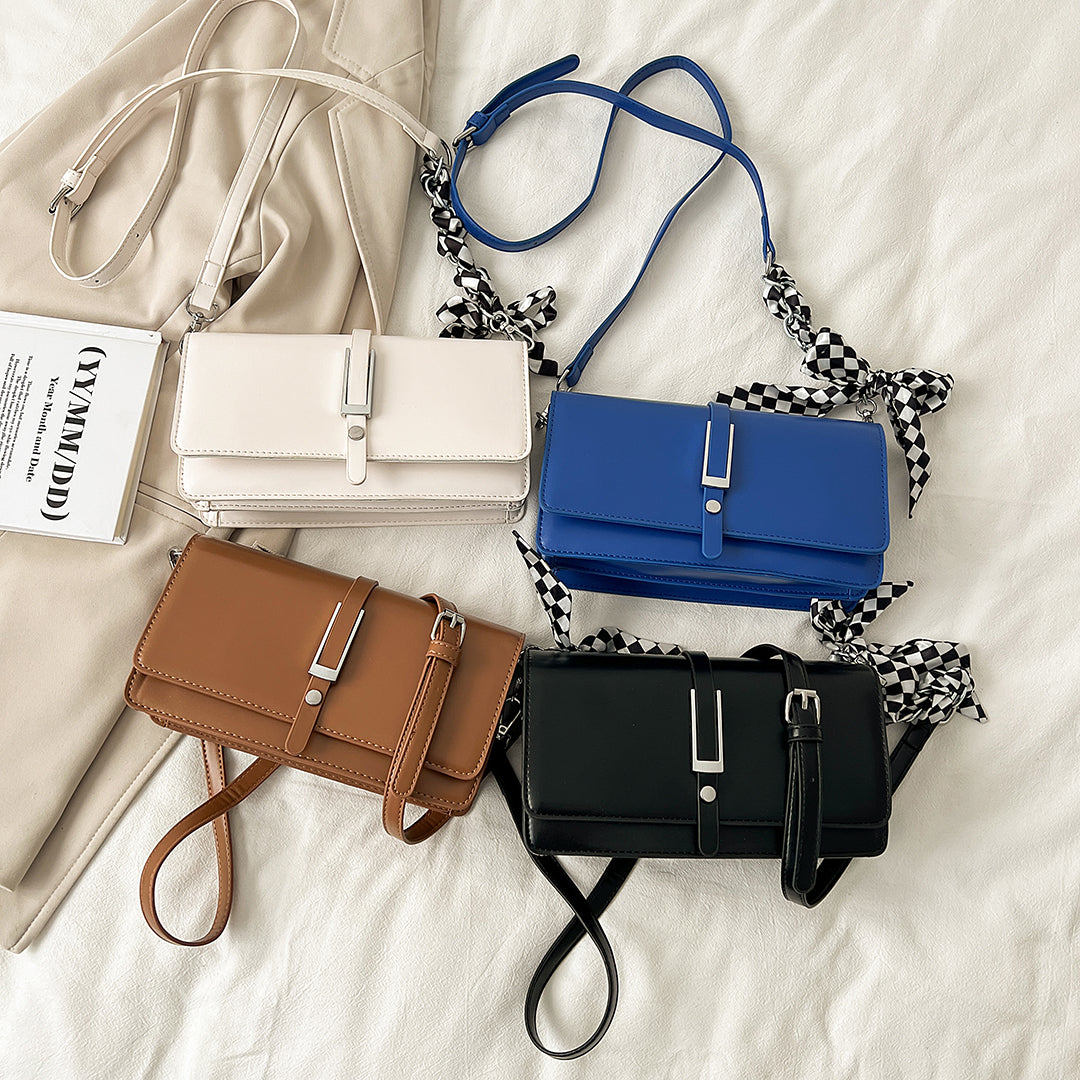 Strap flap design check print scarf detail PU leather crossbody bag