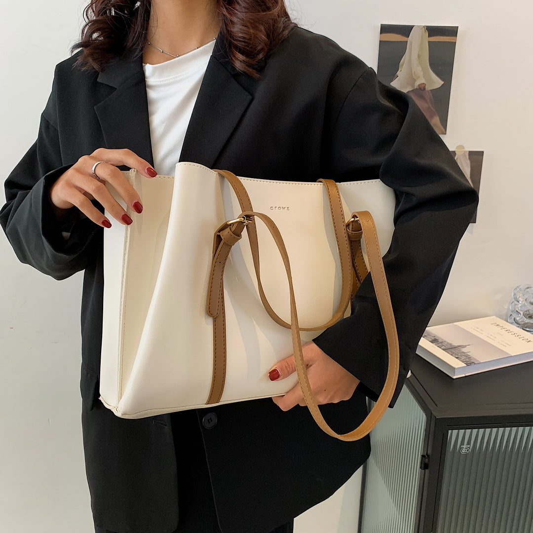 Buckle strap handle practical interior PU leather tote bag