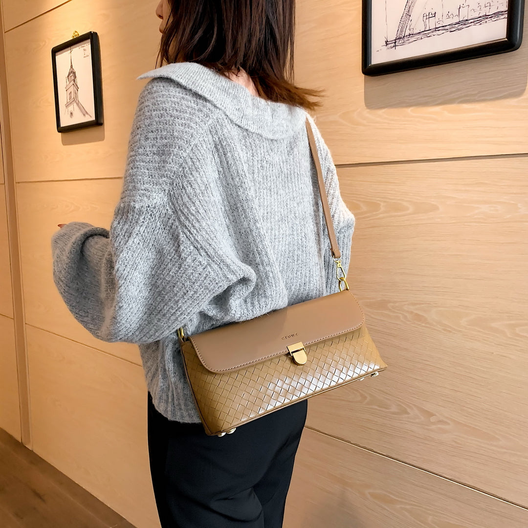Elegant minimalistic flap style woven PU leather crossbody bag