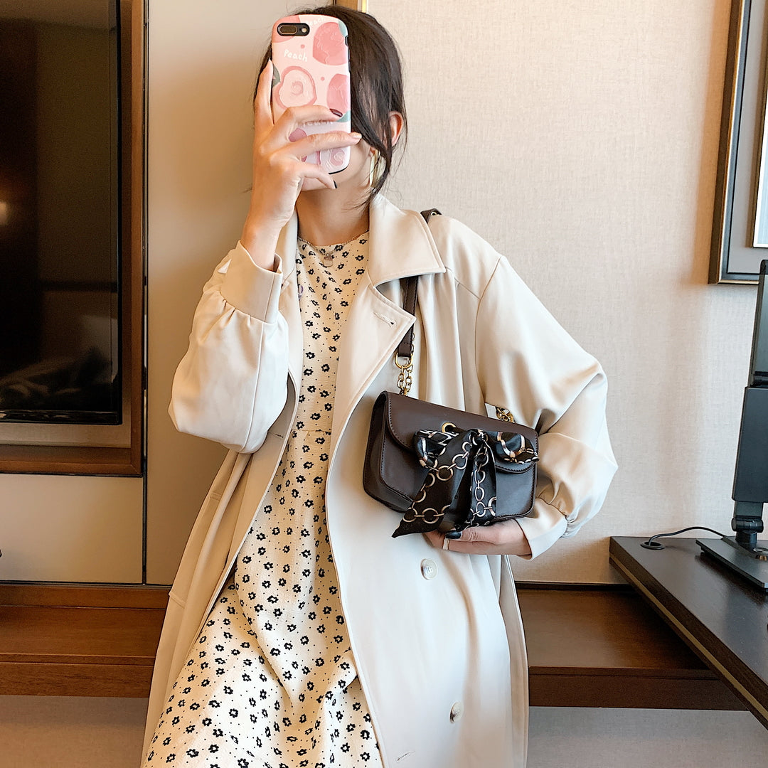 Silky scarf bow embellished flap style PU leather crossbody bag