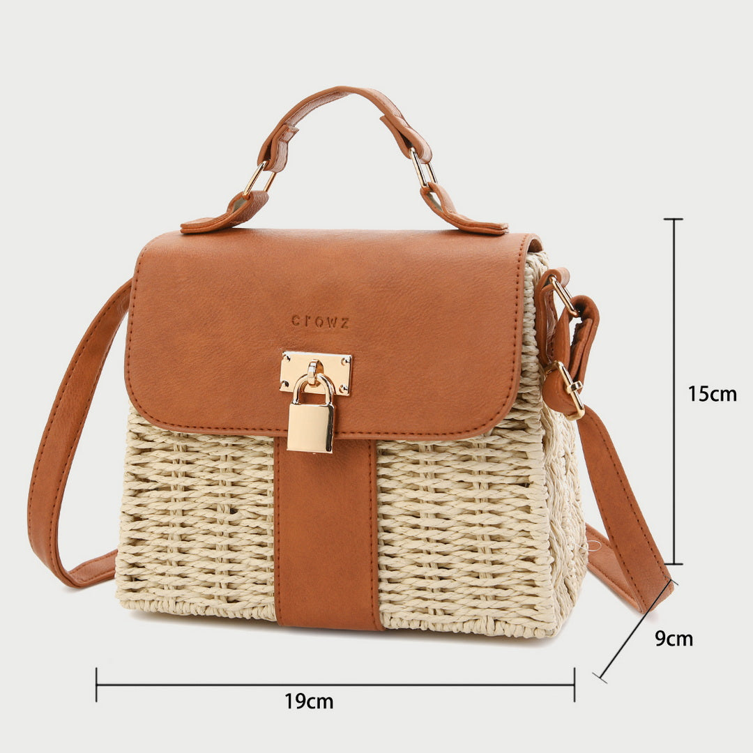 Metal padlock flapover PU leather rattan bag