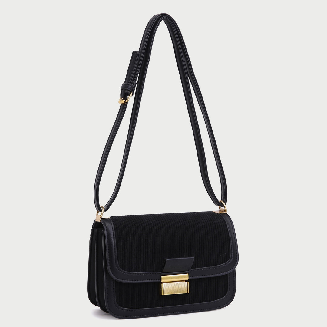 Metal closure flapover style PU leather suede shoulder bag