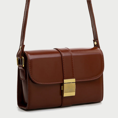 Metal pushlock strap style flapover PU leather crossbody bag