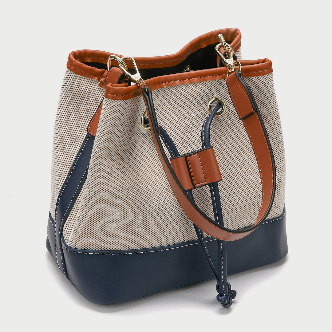 Modern drawstring detail colourblock PU leather canvas bucket bag