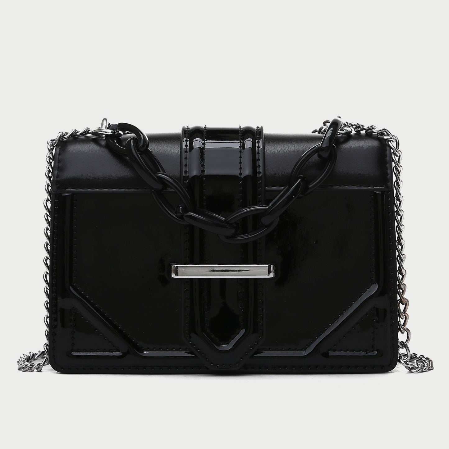 Contrast chain bordered flap PU leather crossbody bag