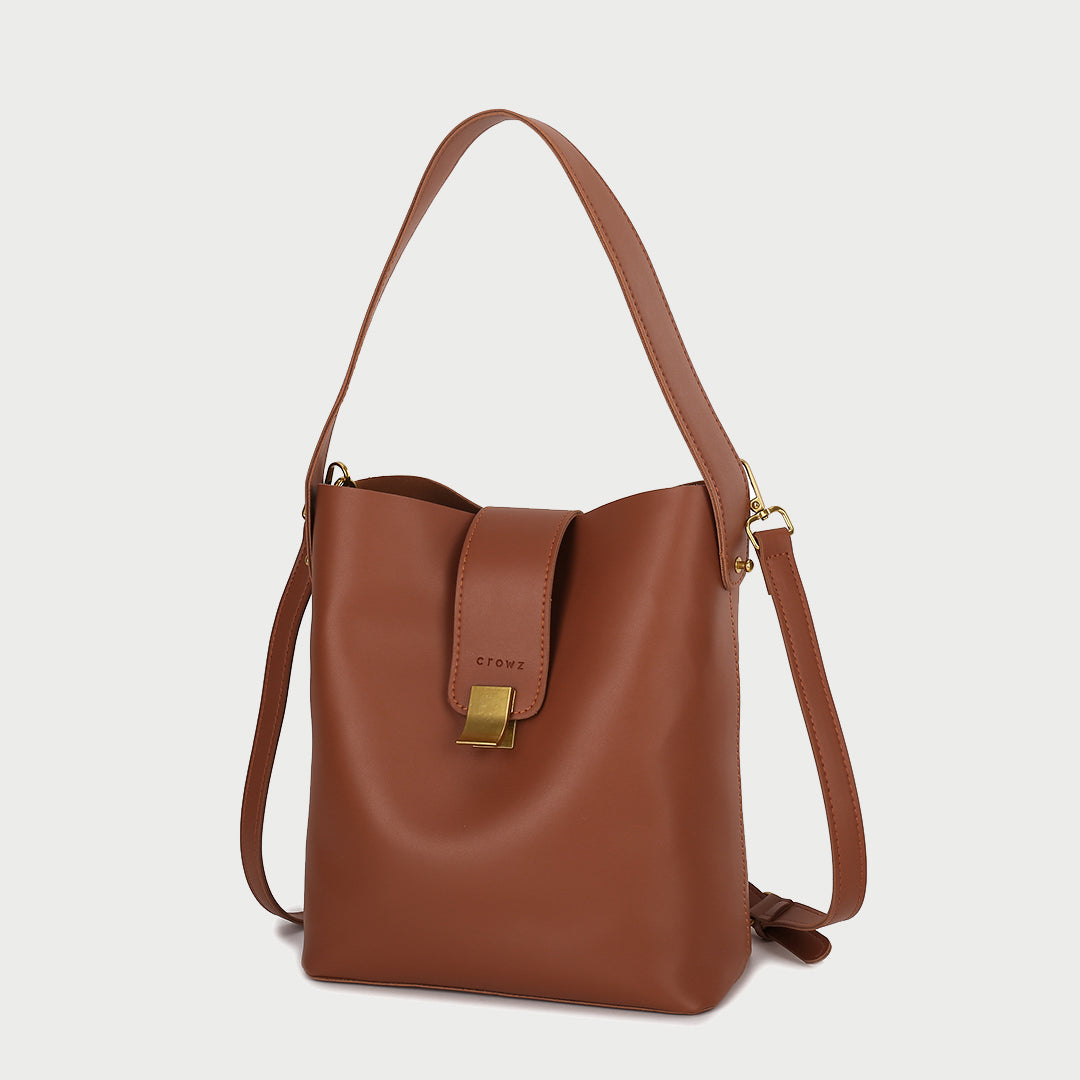 Metal clasp closure strap PU leather bucket bag (2-in-1 set)