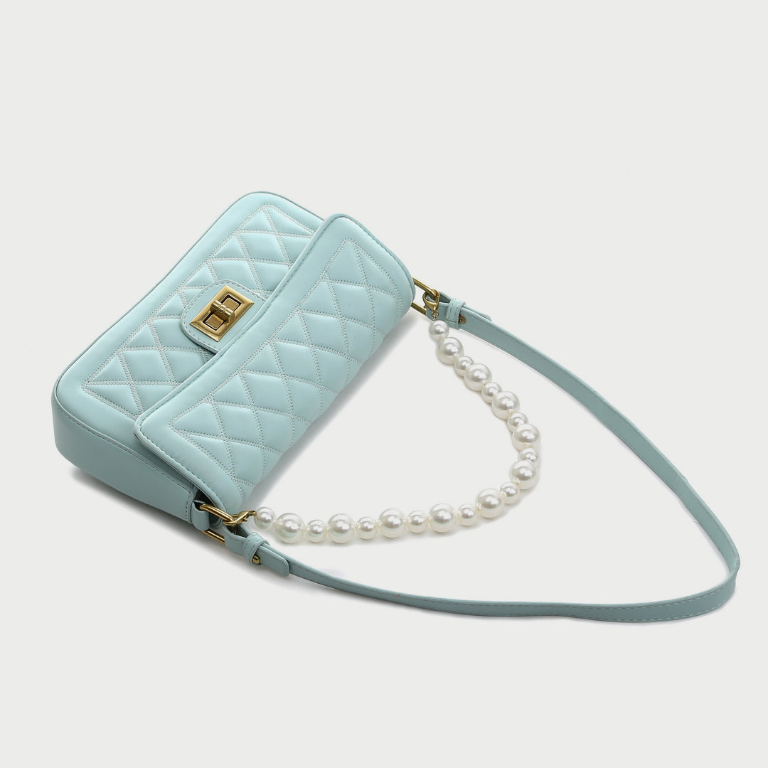 Faux pearl handle turn-lock quilted PU leather shoulder bag