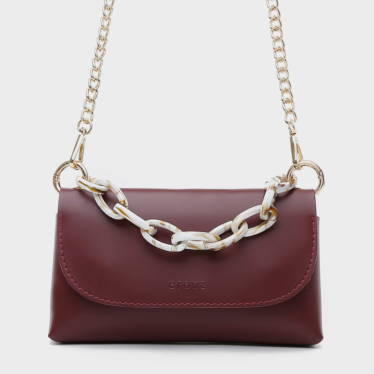 Chain handle flapover slim PU leather crossbody bag