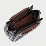 D-shape handle glen plaid 2-in-1 PU leather canvas crossbody bag