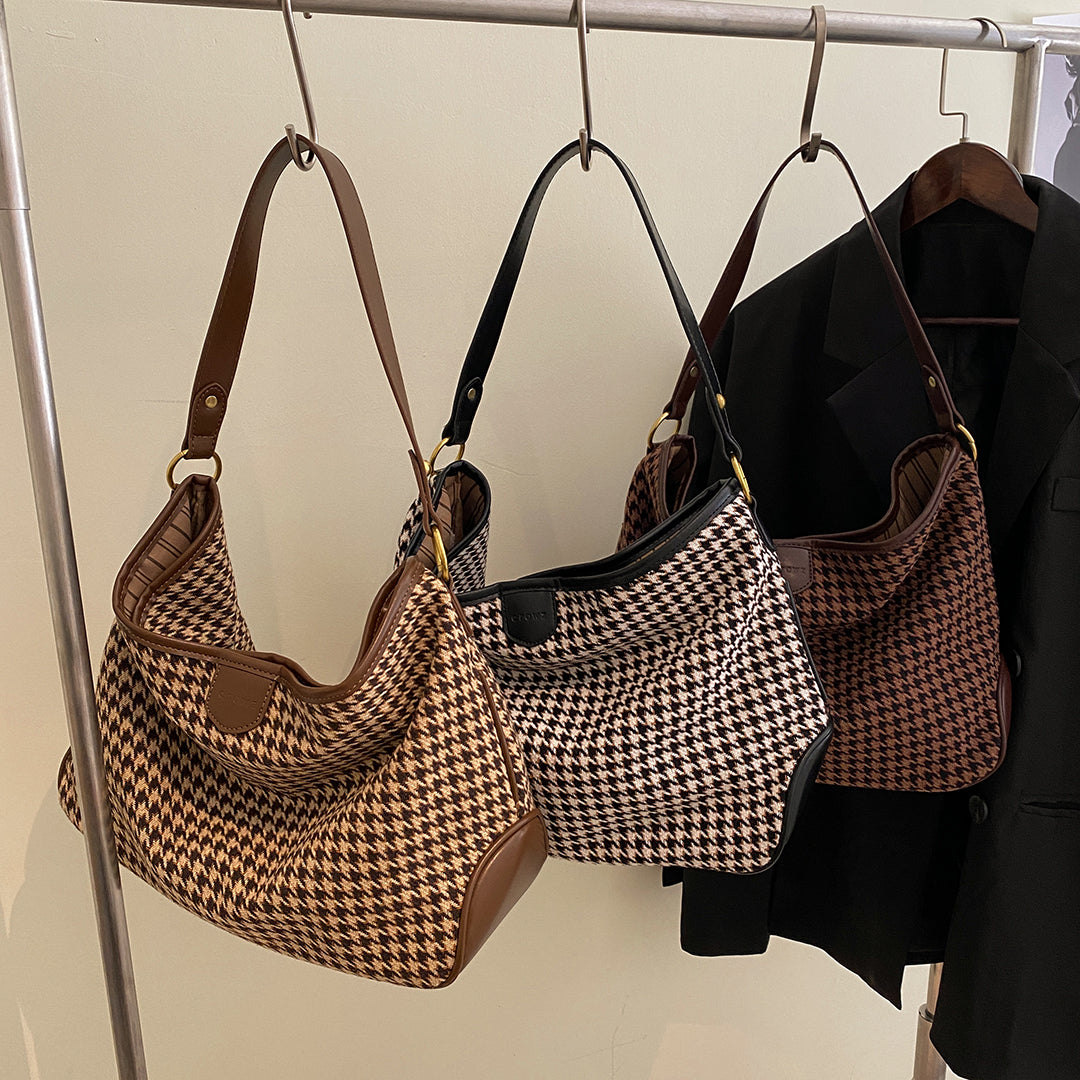 Houndstooth print PU leather trim shoulder bag (with an extra strap)