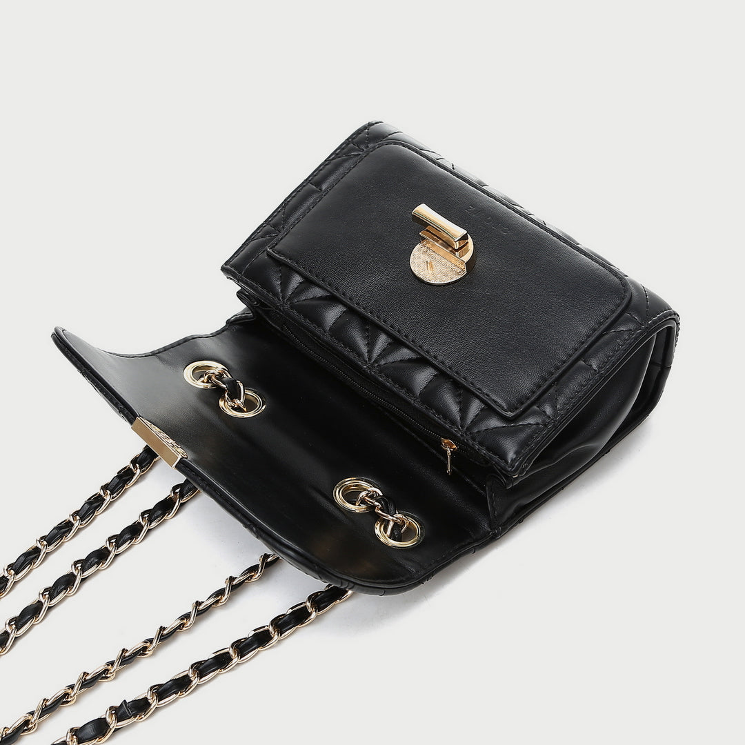 Faux pearl embellished strap turn-lock flap quilted  PU leather crossbody bag