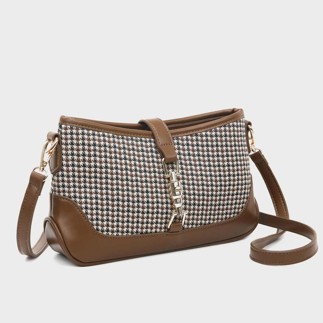 Strapped houndstooth canvas PU leather baguette bag