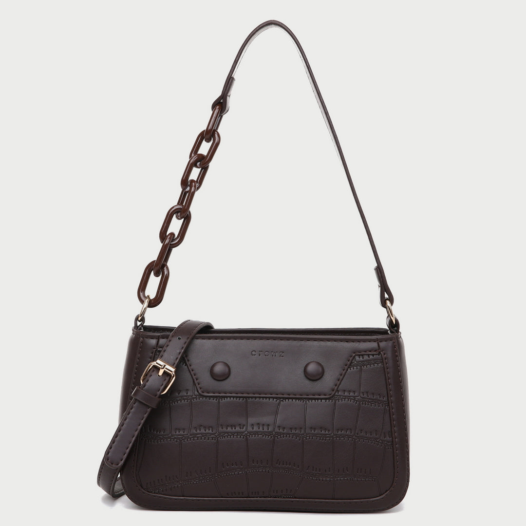 Croc-effect panel chained handle PU leather shoulder bag