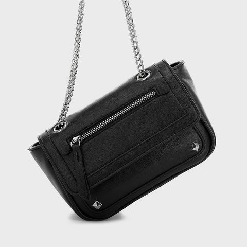 Zipped front flap studded PU leather crossbody bag