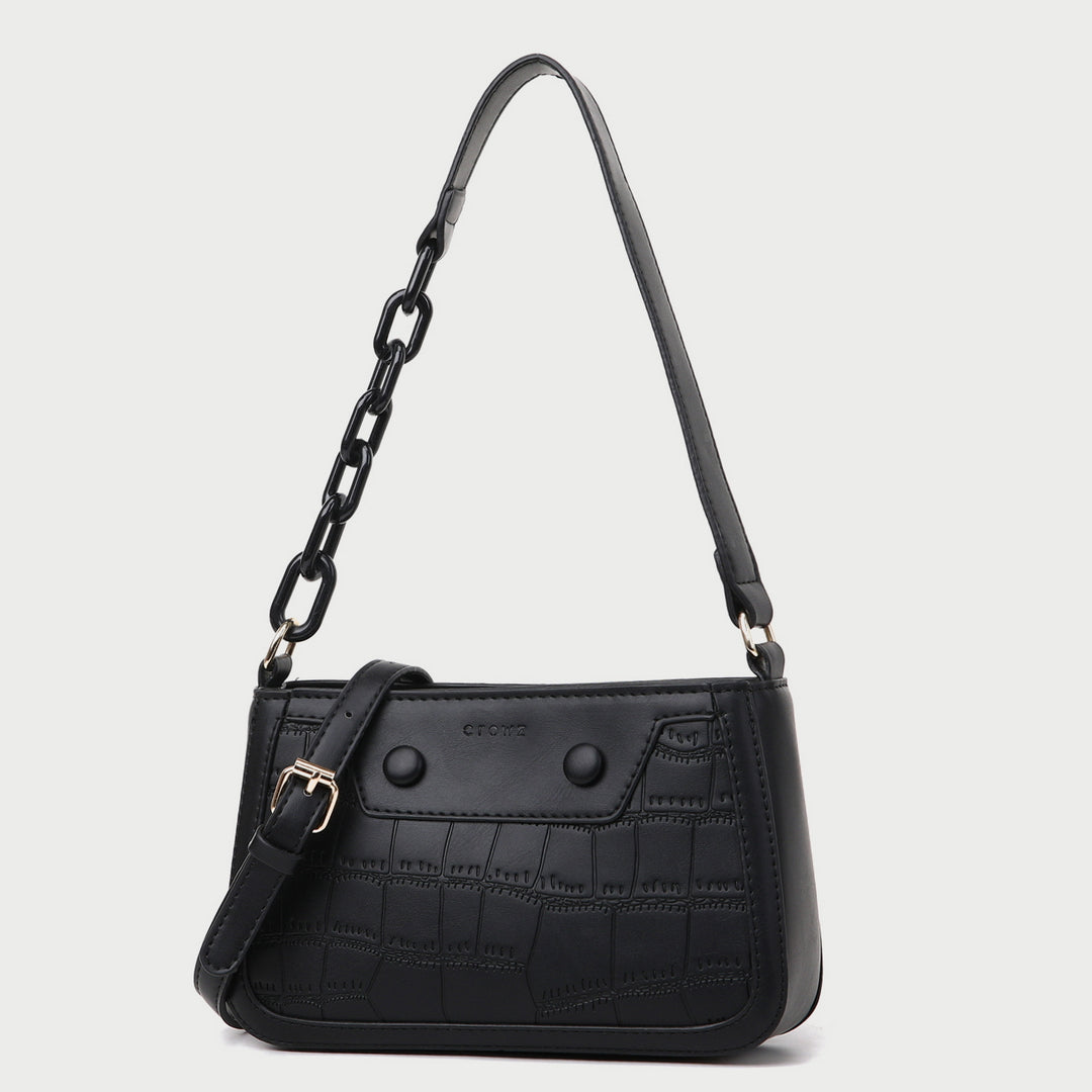 Croc-effect panel chained handle PU leather shoulder bag
